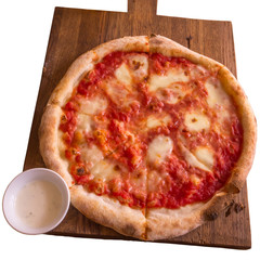 pizza margherita with cheese sauce on wooden board isolated on white