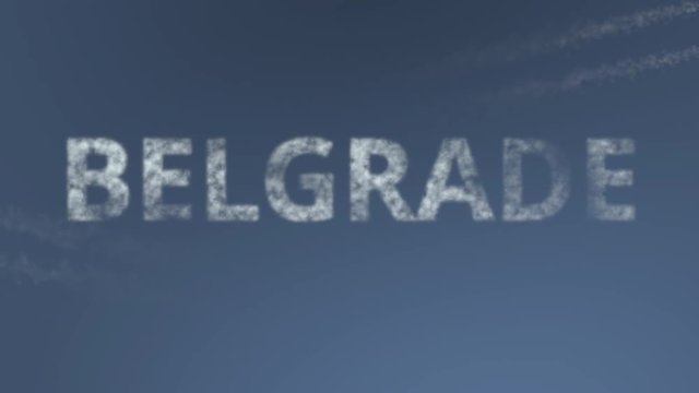 Flying airplanes reveal Belgrade caption. Traveling to Serbia conceptual intro animation