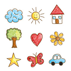 landscape doodle drawing set icons