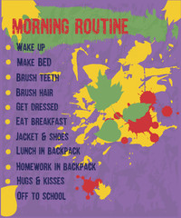 Pupil's morning routine. Back to school theme. A beautifully designed daily schedule for school-age children, with abstract spots of paint, autumn leaves.