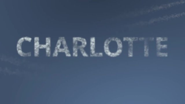 Flying airplanes reveal Charlotte caption. Traveling to the United States conceptual intro animation
