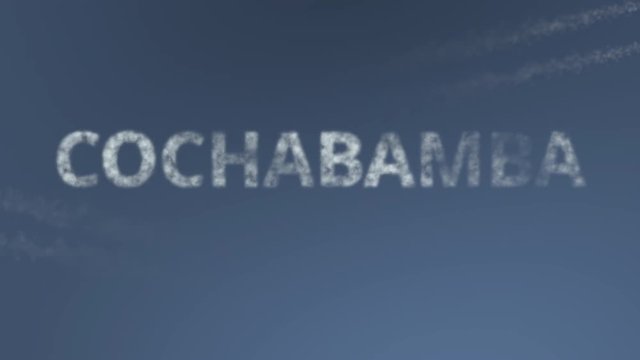 Flying airplanes reveal Cochabamba caption. Traveling to Bolivia conceptual intro animation