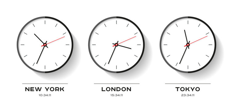 World time. Simple Clock icons in flat style. New York, London, Tokyo. Watch on white background. Business illustration for you presentation. Vector design objects.