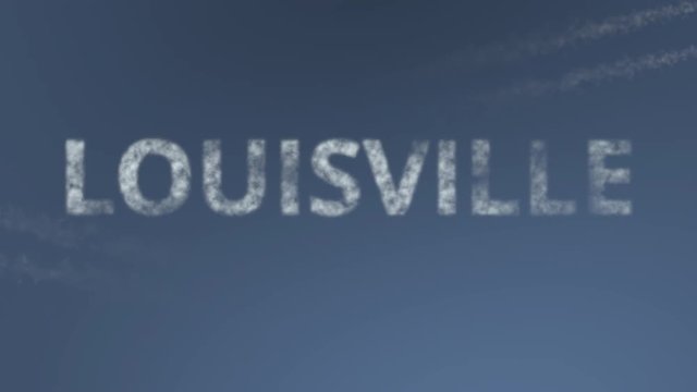 Flying airplanes reveal Louisville caption. Traveling to the United States conceptual intro animation