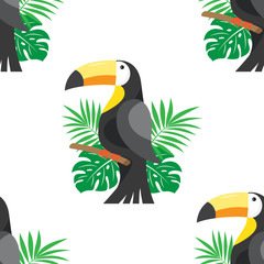 seamless pattern with leafs and toucan