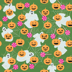 Naklejka premium Halloween holiday, seamless background, pattern with pumpkin. Vector illustration.