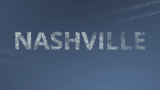 Flying airplanes reveal Nashville caption. Traveling to the United States conceptual intro animation