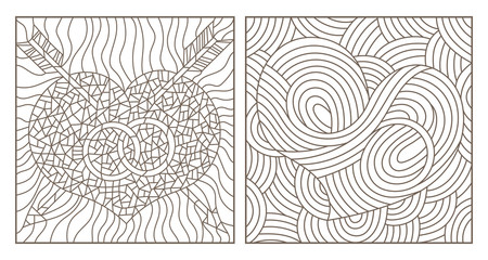 Fototapeta premium Set of contour illustrations in stained glass style with hearts, dark outlines on white background