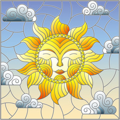 Illustration in stained glass style with fabulous sun with the face on the background of sky and clouds