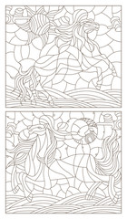 Set contour illustration of stained glass with abstract horses,dark outlines on white background