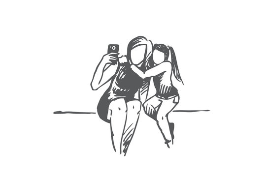 Selfie, mother, daughter, happy concept. Hand drawn isolated vector.