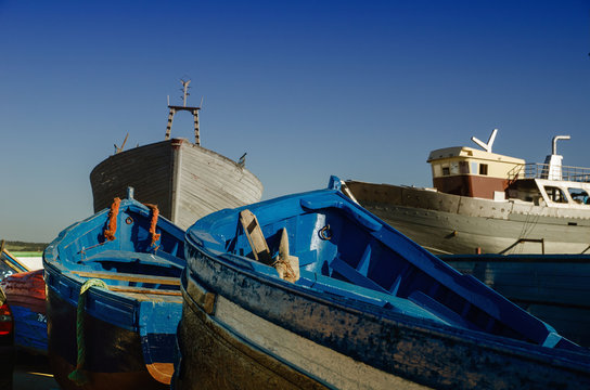 Incredible Morocco, amazing Essaouira, port, the famous blue boats on the shore