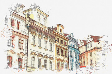 illustration or watercolor sketch. Traditional old architecture in Prague in the Czech Republic. European architecture.
