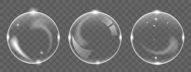 Set of white transparent soap air bubble, isolated on black background