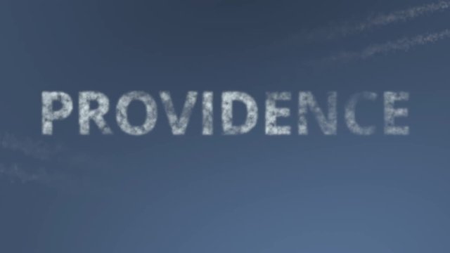 Flying airplanes reveal Providence caption. Traveling to the United States conceptual intro animation