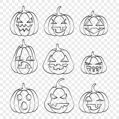 Faces Halloween pumpkins emotions outline drawing for laser cutting, festive decor, stickers.