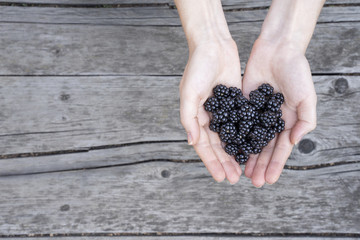 Woman hads holding dewberry in heart shape on a wood copy space