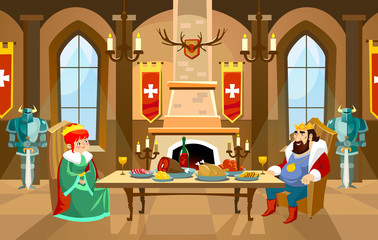 Cartoon castle hall with king and queen. Royal dinner in front of fireplace in big room. Vector illustration