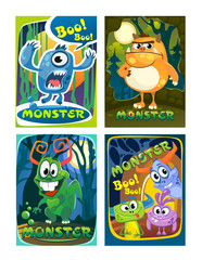 Set of cute colorful monster cards. Cartoon monsters posters for party invitation, copybooks, prints etc. © Microstocker.Pro