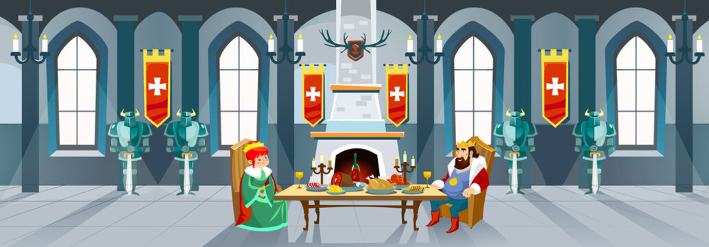 Cartoon Castle Hall With King And Queen. Royal Dinner In Front Of Fireplace In Big Room. Vector Illustration