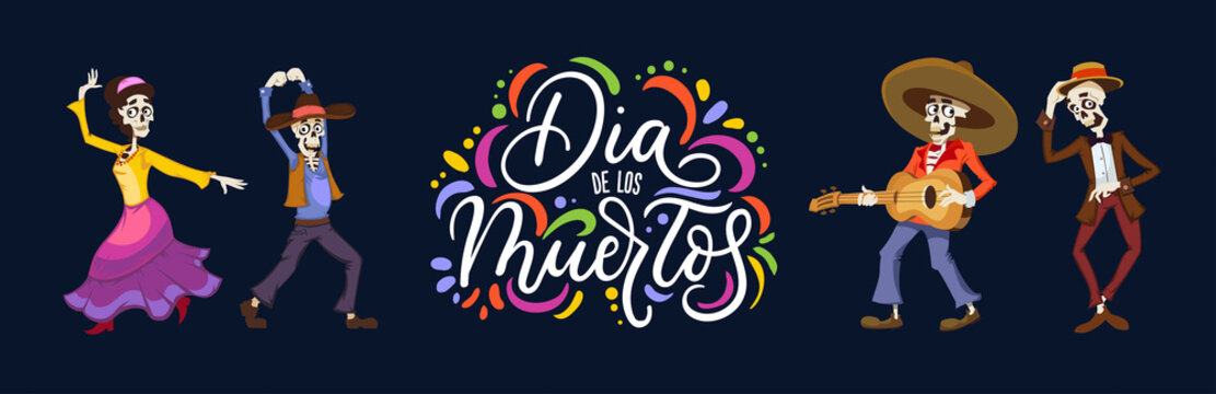 Dia de los Muertos greeting card for Day of the Dead. Greeting vector illustration with dancing skeletons and lettering on blue background