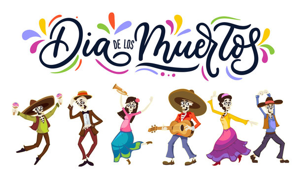 Dia de los Muertos greeting card for Day of the Dead. Greeting vector illustration with dancing skeletons and lettering.