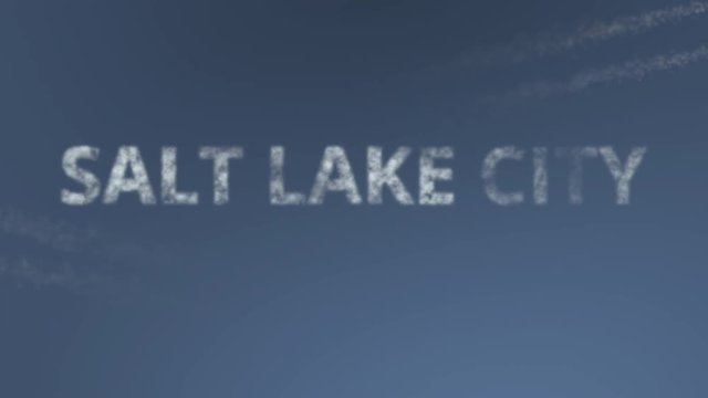 Flying airplanes reveal Salt Lake City caption. Traveling to the United States conceptual intro animation