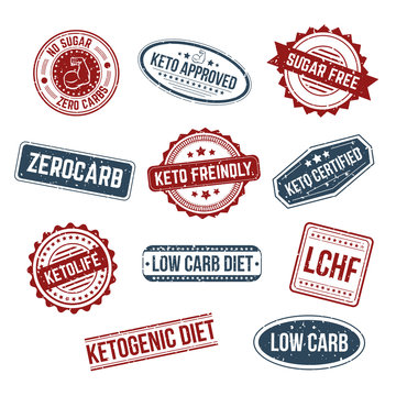 Big set of keto stamps and labels isolated white craft background with grunge effect. LCHF, Low carb, Zerocarb, Keto approved, no sugar zero carbs, sugar free, low carb diet, ketogenic diet stamps.
