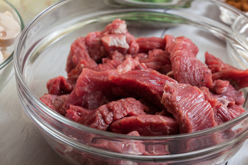 Beef and other ingredients ready to cooking beef Stroganoff