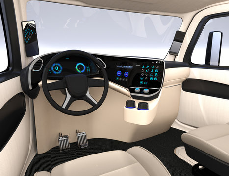 Autonomous truck interior with ivory color seats and touch screen instrument panel. 3D rendering image.