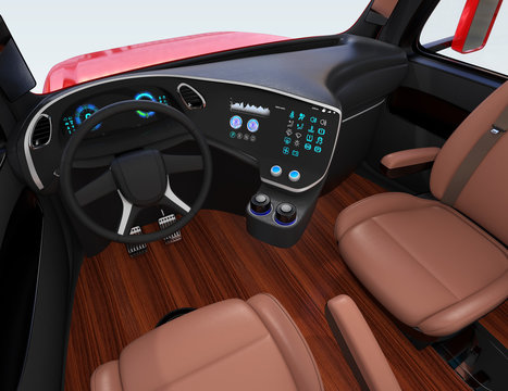 Autonomous truck interior with brown seats and flooring. 3D rendering image.