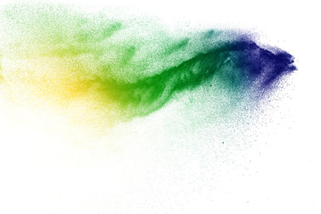 Abstract colorful dust particles textured background.Multicolored particles explosion on white background.