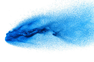 Blue color dust particles splash on white background.