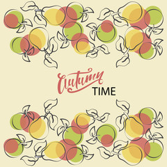 Autumn time. Pears and apples. Composition drawn in red and black on a light background. Decorative horizontal stripe of apples and pears with leaves, and colored spots.