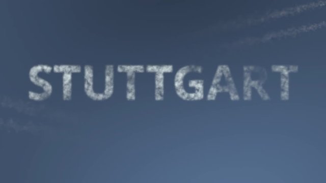 Flying airplanes reveal Stuttgart caption. Traveling to Germany conceptual intro animation