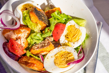 Paleo diet salad with salmon, tomatoes, eggs, onions and lettuce, close-up