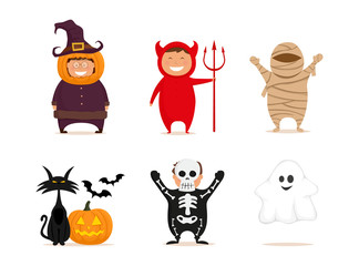 Happy Halloween. Kids in costumes isolated on white background. Pumpkin, devil, mummy, skeleton, ghost, black cat. Vector illustration set.
