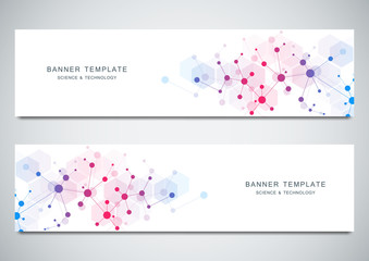 Vector banners design for medicine, science and digital technology. Molecular structure background and communication with connected lines and dots.