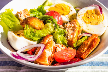 Paleo diet salad with salmon, tomatoes, eggs, onions and lettuce, close-up