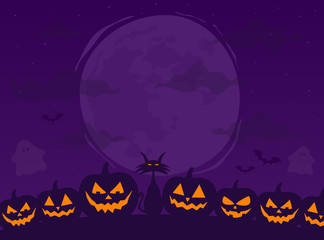 Fototapeta premium Happy Halloween. Scary background with moon, pumpkins. Vector illustration.