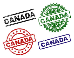 CANADA seal stamps with distress texture. Black, green,red,blue vector rubber prints of CANADA label with unclean texture. Rubber seals with circle, rectangle, medallion shapes.