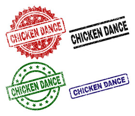 CHICKEN DANCE seal prints with damaged surface. Black, green,red,blue vector rubber prints of CHICKEN DANCE text with scratched surface. Rubber seals with circle, rectangle, rosette shapes.