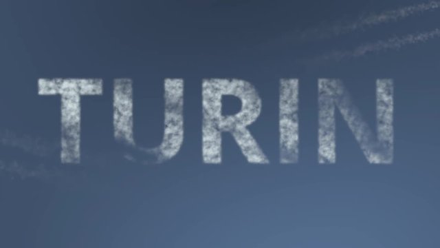 Flying airplanes reveal Turin caption. Traveling to Italy conceptual intro animation