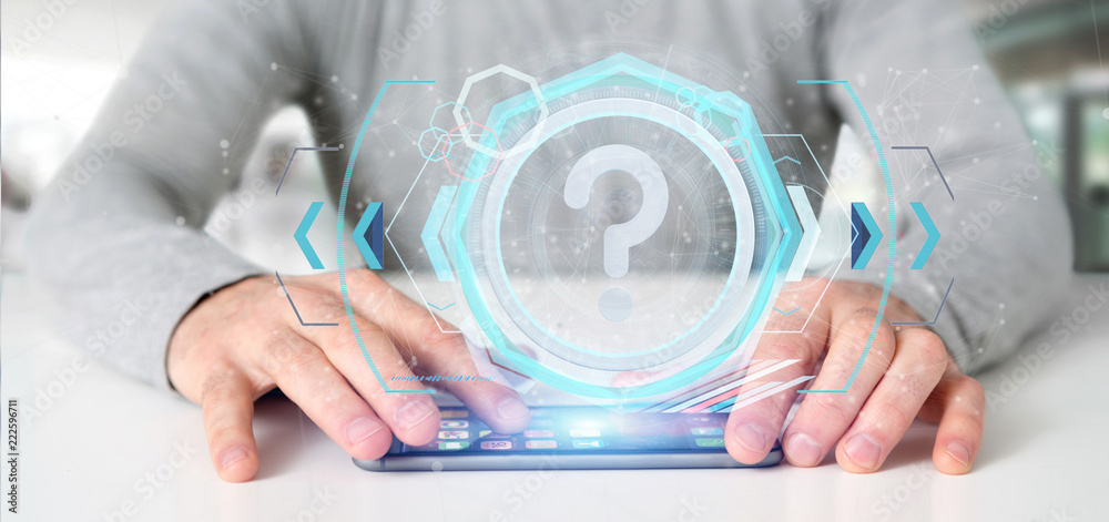 Poster man holding a technology question mark icon on a circle 3d rendering