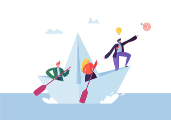 Business People Floating on a Paper Ship. Flat Characters with Spyglass Sailing on Boats. Team Work and Leadership Concept. Vector illustration
