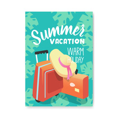 Summer Vacation Poster, Flyer, Invitation Template. Beach Holidays Banner with Travel Baggage. Vector illustration