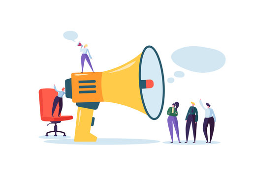 Business Advertising Promotion. Loudspeaker Talking to the Crowd. Big Megaphone and Flat People Characters Advertisement Marketing Concept. Vector illustration