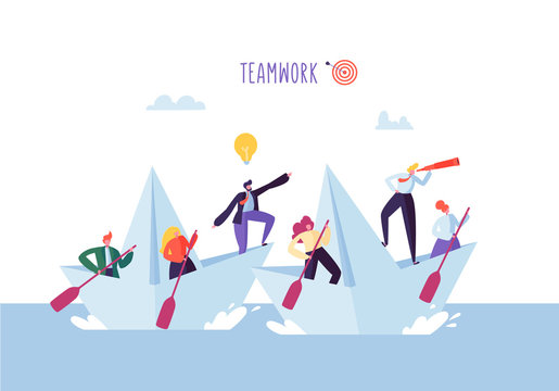 Business People Floating on a Paper Ship. Flat Characters with Spyglass Sailing on Boats. Team Work and Leadership Concept. Vector illustration