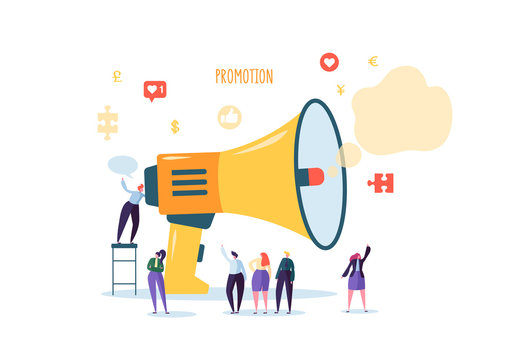 Business Advertising Promotion. Loudspeaker Talking to the Crowd. Big Megaphone and Flat People Characters Advertisement Marketing Concept. Vector illustration