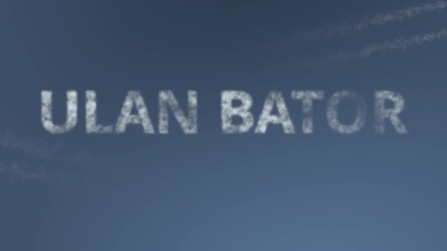 Flying airplanes reveal Ulan Bator caption. Traveling to Mongolia conceptual intro animation